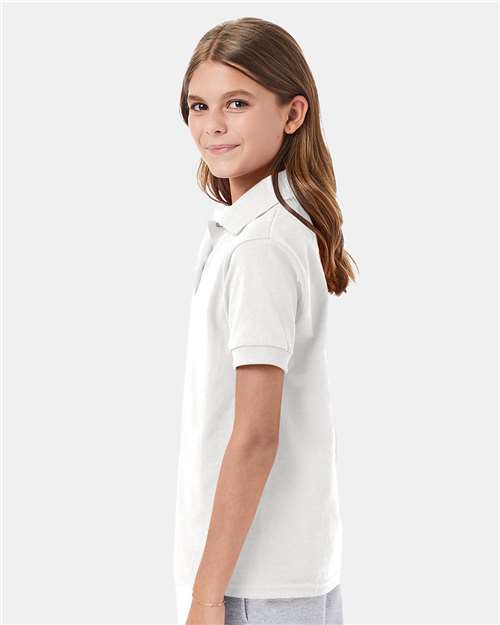 Hanes 054Y Youth EcoSmart Jersey Polo - White - model side