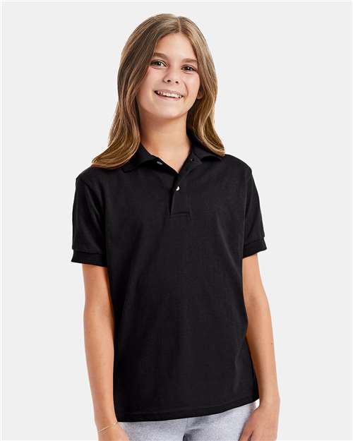 Hanes 054Y Youth EcoSmart Jersey Polo - Black - model front