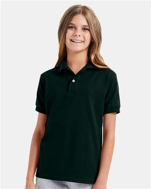 Hanes 054Y Youth EcoSmart Jersey Polo - Deep Forest - model front
