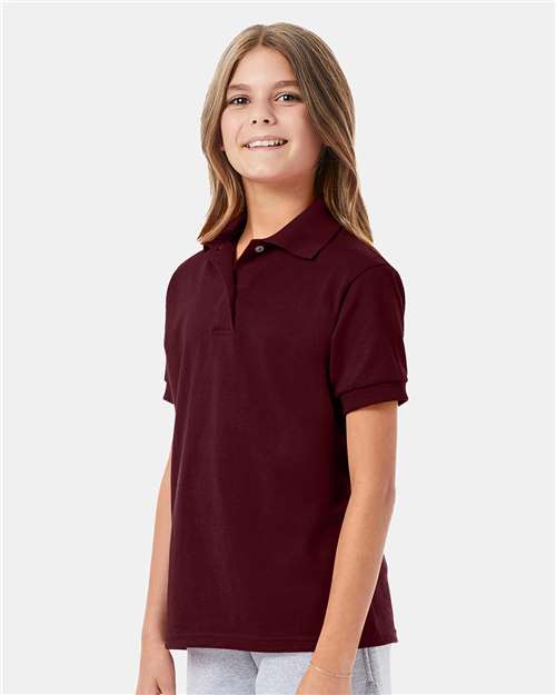 Hanes 054Y Youth EcoSmart Jersey Polo - Maroon - model side