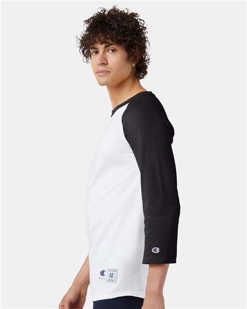 Champion T137 Unisex Raglan Sleeve Baseball T-Shirt - White/ Black - model side