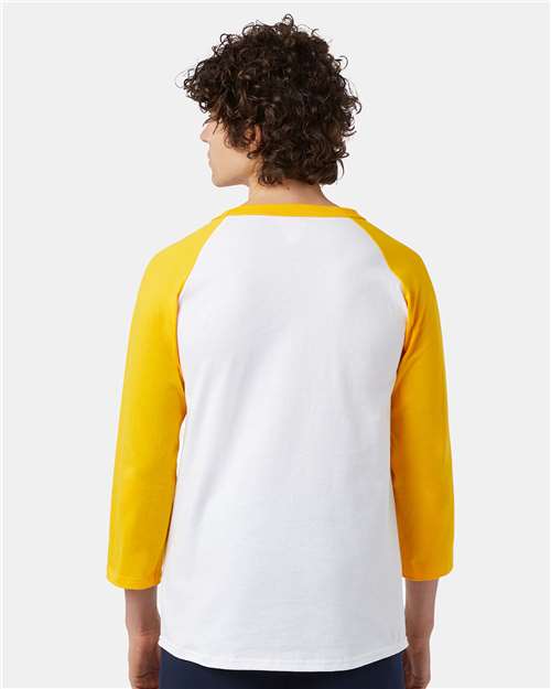 Champion T137 Unisex Raglan Sleeve Baseball T-Shirt - White/ Gold - model back