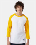 Champion T137 Unisex Raglan Sleeve Baseball T-Shirt - White/ Gold - model front