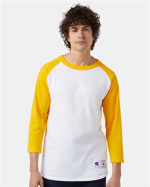 Champion T137 Unisex Raglan Sleeve Baseball T-Shirt - White/ Gold - model front