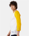 Champion T137 Unisex Raglan Sleeve Baseball T-Shirt - White/ Gold - model side