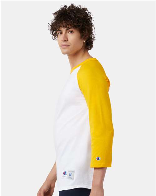 Champion T137 Unisex Raglan Sleeve Baseball T-Shirt - White/ Gold - model side