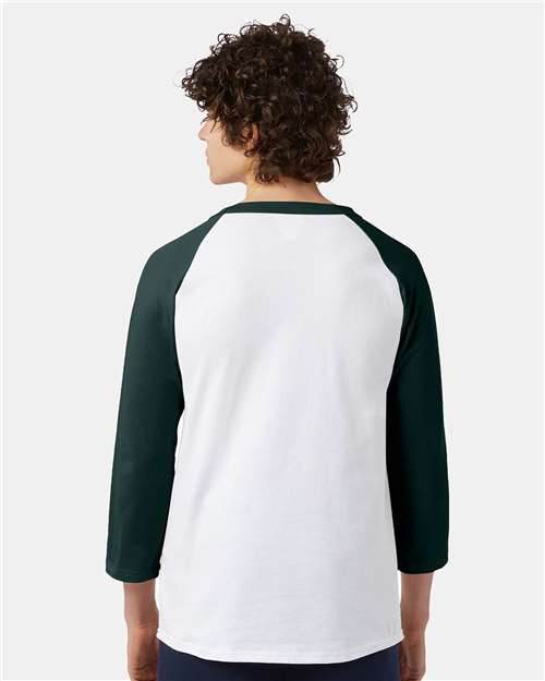 Champion T137 Unisex Raglan Sleeve Baseball T-Shirt - White/ Dark Green - model back