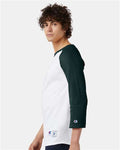 Champion T137 Unisex Raglan Sleeve Baseball T-Shirt - White/ Dark Green - model side