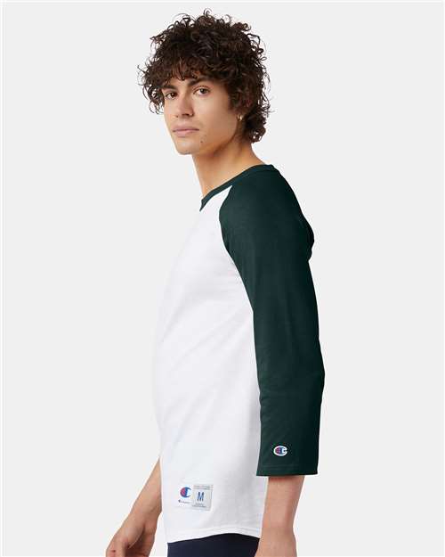 Champion T137 Unisex Raglan Sleeve Baseball T-Shirt - White/ Dark Green - model side