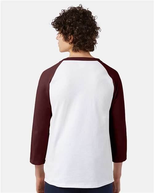 Champion T137 Unisex Raglan Sleeve Baseball T-Shirt - White/ Maroon - model back