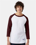Champion T137 Unisex Raglan Sleeve Baseball T-Shirt - White/ Maroon - model front