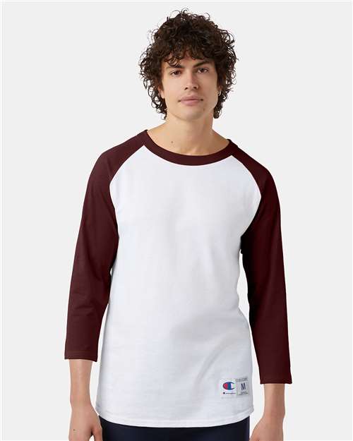Champion T137 Unisex Raglan Sleeve Baseball T-Shirt - White/ Maroon - model front