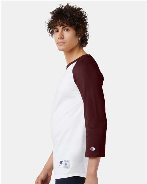 Champion T137 Unisex Raglan Sleeve Baseball T-Shirt - White/ Maroon - model side
