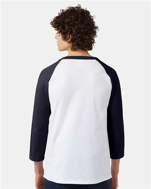 Champion T137 Unisex Raglan Sleeve Baseball T-Shirt - White/ Navy - model back