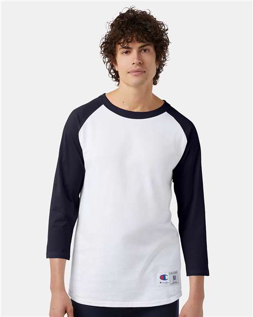 Champion T137 Unisex Raglan Sleeve Baseball T-Shirt - White/ Navy - model front