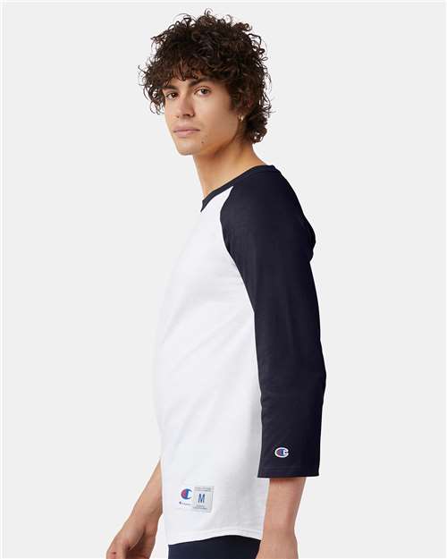 Champion T137 Unisex Raglan Sleeve Baseball T-Shirt - White/ Navy - model side