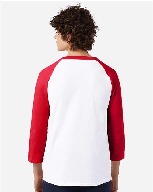 Champion T137 Unisex Raglan Sleeve Baseball T-Shirt - White/ Scarlet - model back