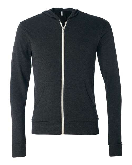 BELLA + CANVAS 3939 Unisex Triblend Lightweight Full-Zip Hooded Long Sleeve Tee - Charcoal Black Triblend - front