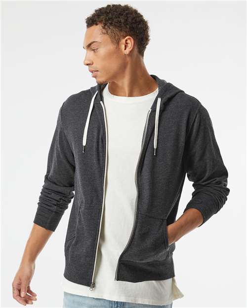 Independent Trading Co. PRM90HTZ Unisex Heathered French Terry Full-Zip Hooded Sweatshirt - Charcoal Heather - model front