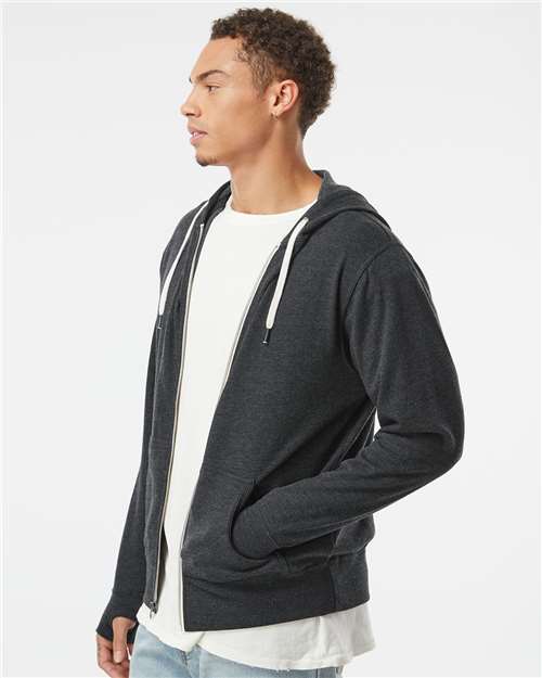 Independent Trading Co. PRM90HTZ Unisex Heathered French Terry Full-Zip Hooded Sweatshirt - Charcoal Heather - model side