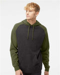 Independent Trading Co. IND40RP Unisex Raglan Hooded Sweatshirt - Charcoal Heather/ Army Heather - model front