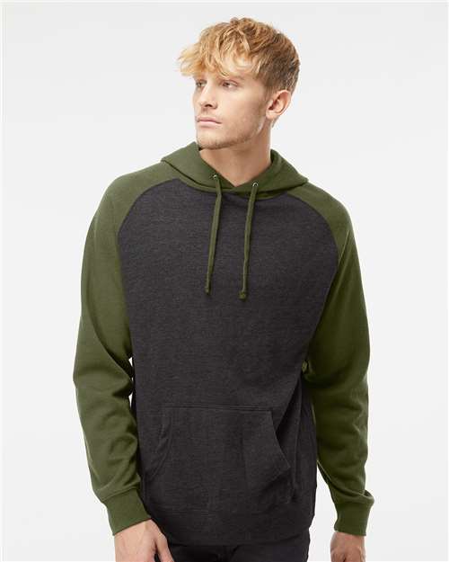 Independent Trading Co. IND40RP Unisex Raglan Hooded Sweatshirt - Charcoal Heather/ Army Heather - model front