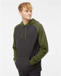 Independent Trading Co. IND40RP Unisex Raglan Hooded Sweatshirt - Charcoal Heather/ Army Heather - model side