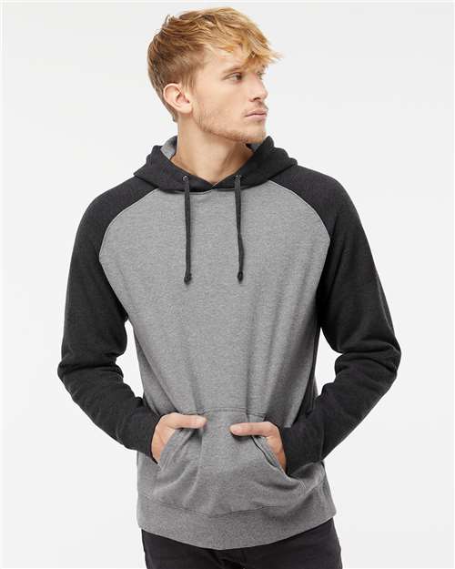 Independent Trading Co. IND40RP Unisex Raglan Hooded Sweatshirt - Gunmetal Heather/ Charcoal Heather - model front