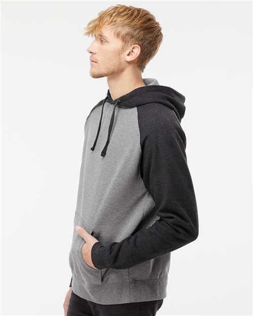 Independent Trading Co. IND40RP Unisex Raglan Hooded Sweatshirt - Gunmetal Heather/ Charcoal Heather - model side