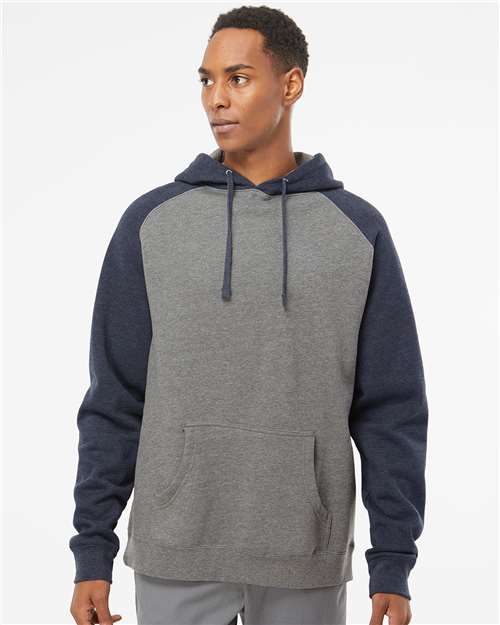 Independent Trading Co. IND40RP Unisex Raglan Hooded Sweatshirt - Gunmetal Heather/ Classic Navy Heather - model front