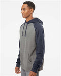 Independent Trading Co. IND40RP Unisex Raglan Hooded Sweatshirt - Gunmetal Heather/ Classic Navy Heather - model side