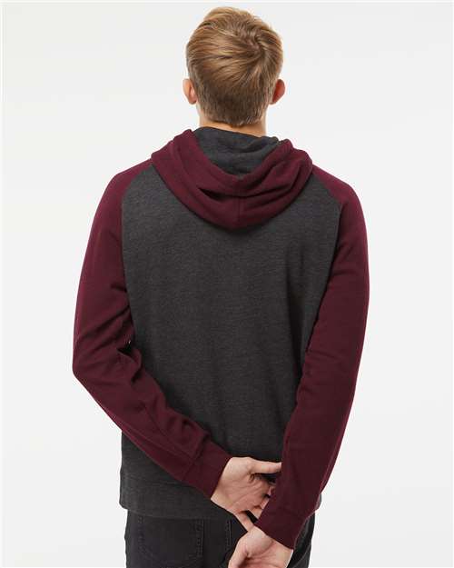 Independent Trading Co. IND40RP Unisex Raglan Hooded Sweatshirt - Charcoal Heather/ Burgundy Heather - model back