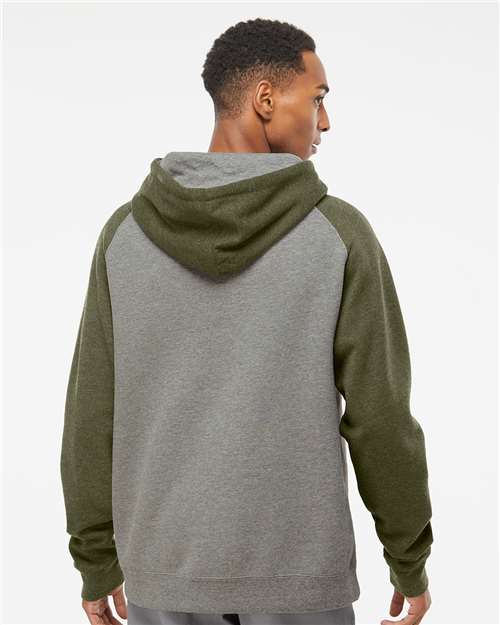 Independent Trading Co. IND40RP Unisex Raglan Hooded Sweatshirt - Gunmetal Heather/ Army Heather - model back