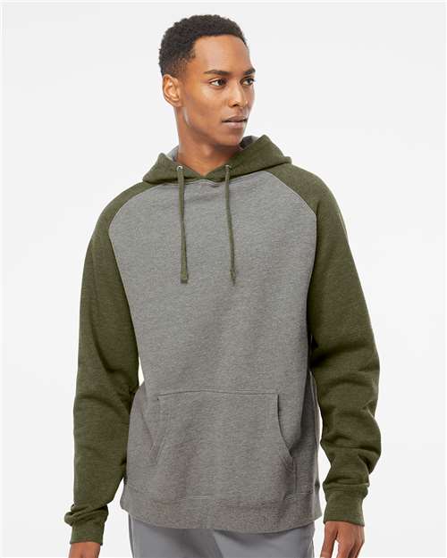 Independent Trading Co. IND40RP Unisex Raglan Hooded Sweatshirt - Gunmetal Heather/ Army Heather - model front