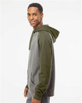 Independent Trading Co. IND40RP Unisex Raglan Hooded Sweatshirt - Gunmetal Heather/ Army Heather - model side