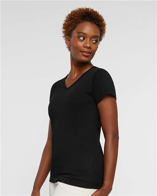 LAT 3507 Women's Fine Jersey V-Neck Tee - Black - model side