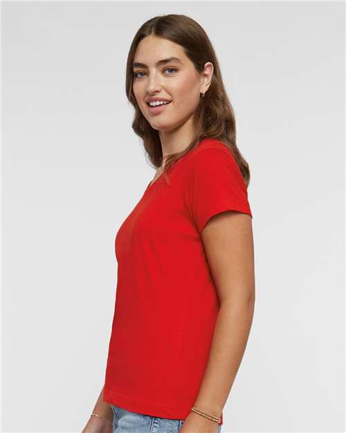 LAT 3507 Women's Fine Jersey V-Neck Tee - Red - model side