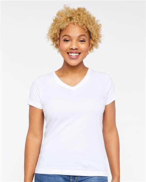 LAT 3507 Women's Fine Jersey V-Neck Tee - White - model front