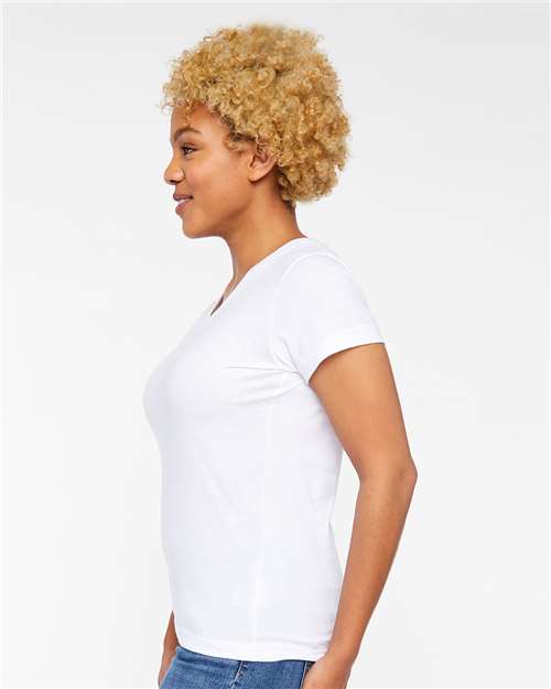 LAT 3507 Women's Fine Jersey V-Neck Tee - White - model side