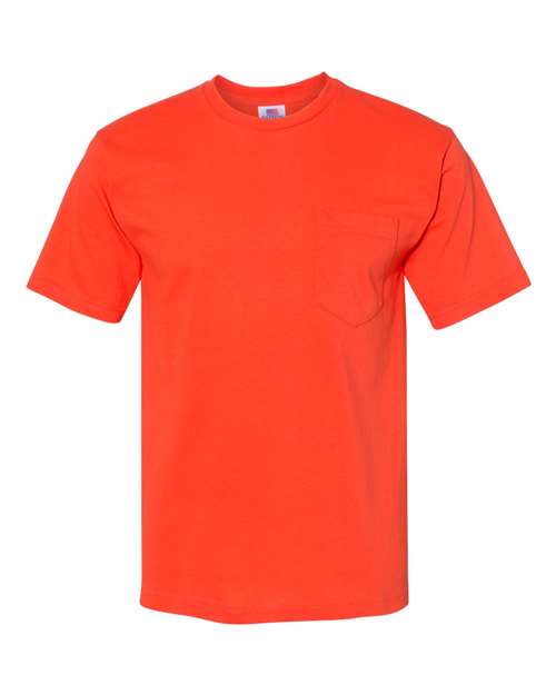 Bayside 5070 Unisex USA-Made Midweight Pocket T-Shirt - Bright Orange - front