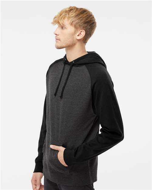 Independent Trading Co. IND40RP Unisex Raglan Hooded Sweatshirt - Charcoal Heather/ Black - model side