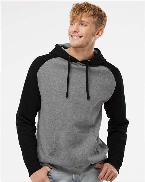Independent Trading Co. IND40RP Unisex Raglan Hooded Sweatshirt - Gunmetal Heather/ Black - model front
