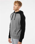Independent Trading Co. IND40RP Unisex Raglan Hooded Sweatshirt - Gunmetal Heather/ Black - model side