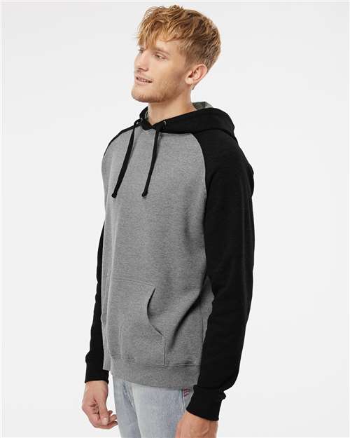 Independent Trading Co. IND40RP Unisex Raglan Hooded Sweatshirt - Gunmetal Heather/ Black - model side