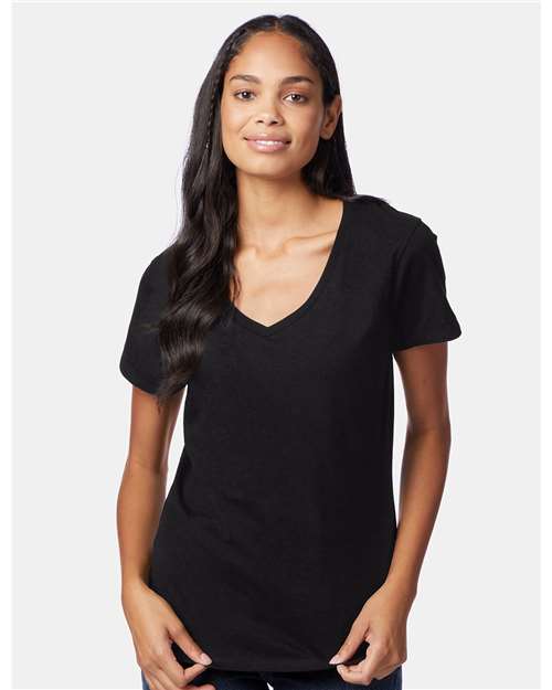 Hanes S04V Women's Perfect-T V-Neck T-Shirt - Black - model front