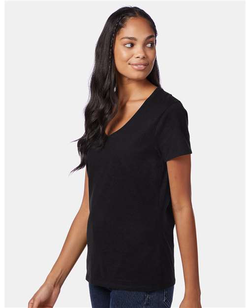Hanes S04V Women's Perfect-T V-Neck T-Shirt - Black - model side