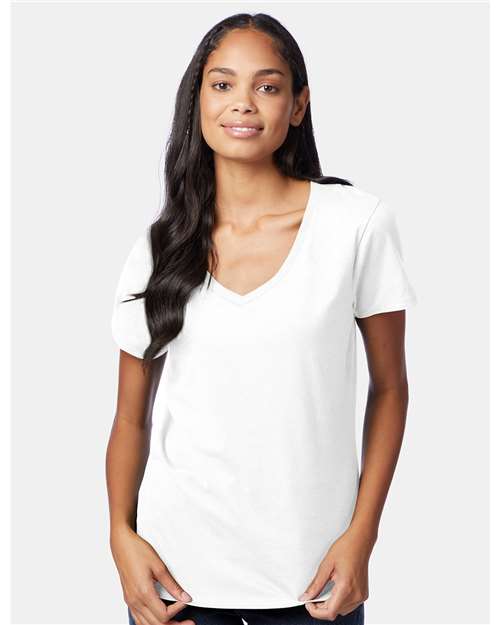 Hanes S04V Women's Perfect-T V-Neck T-Shirt - White - model front