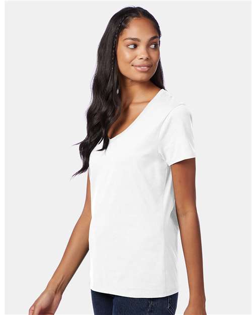 Hanes S04V Women's Perfect-T V-Neck T-Shirt - White - model side