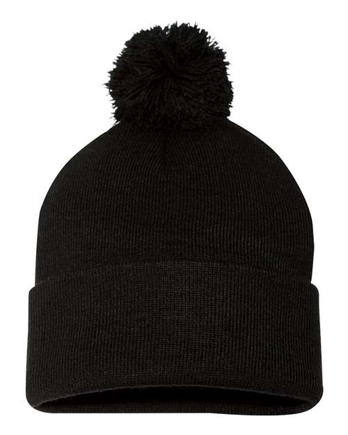 Sportsman SP15 12" Pom-Pom Cuffed Beanie - Black - front