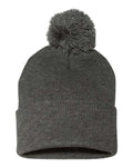 Sportsman SP15 12" Pom-Pom Cuffed Beanie - Dark Heather Grey - front
